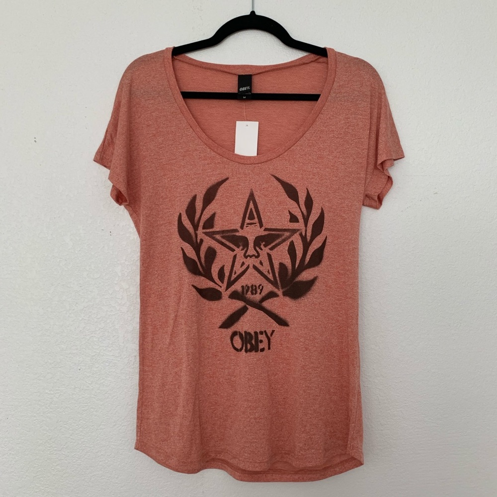 Obey logo pink scoop neck tee/tshirt
